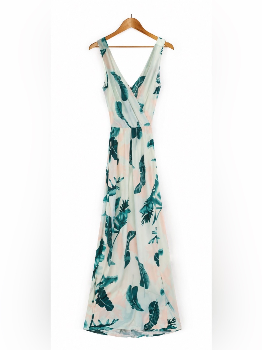 Tropical Palm Leaf Wrap Maxi Dress Green & Blush